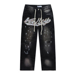 Embroidered Rhinestone Jeans #8253